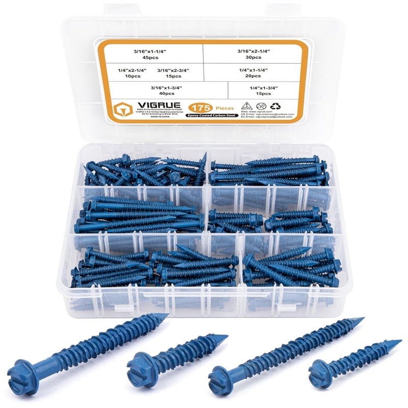 VIGRUE Concrete Screws Assortment Kit 1/4" x 1-1/4" to 2-1/4" and 3/16" x 1-1/4" to 2-3/4" 175PCS Hex Head Cement Screws Set Diamond Point for Anchoring to Masonry, Block or Brick - Image 1